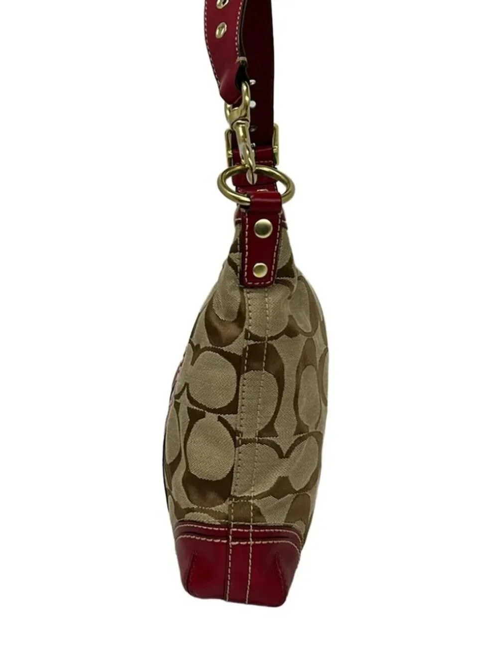 COACH Hampton Stripe Medium Duffle Shoulder Bag 10542 Dark Brown Beige Bordeaux